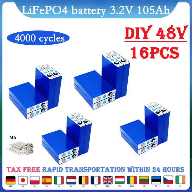 

16PCS 3.2V 105Ah Lifepo4 rechargeable batteries, suitable for 12V 24V 48V golf cart off-road off grid solar wind power