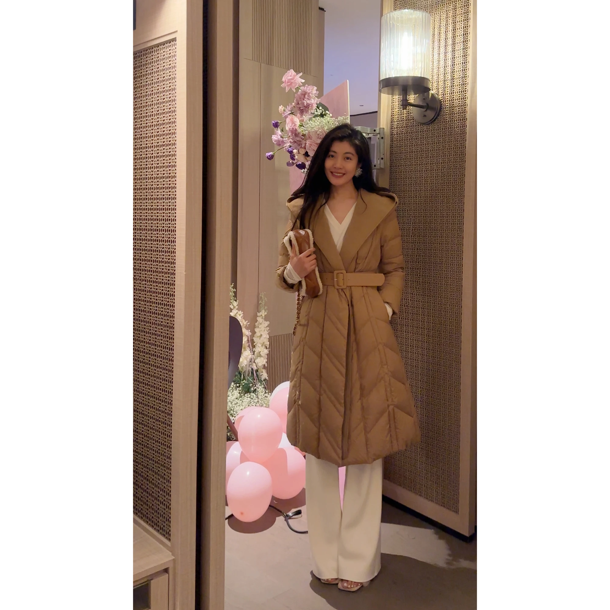 

N•COU Winter New Arrival Warm White Goose down Jaet Middle Length Upright Wood Incense Design Casual Sle Thiened Coat