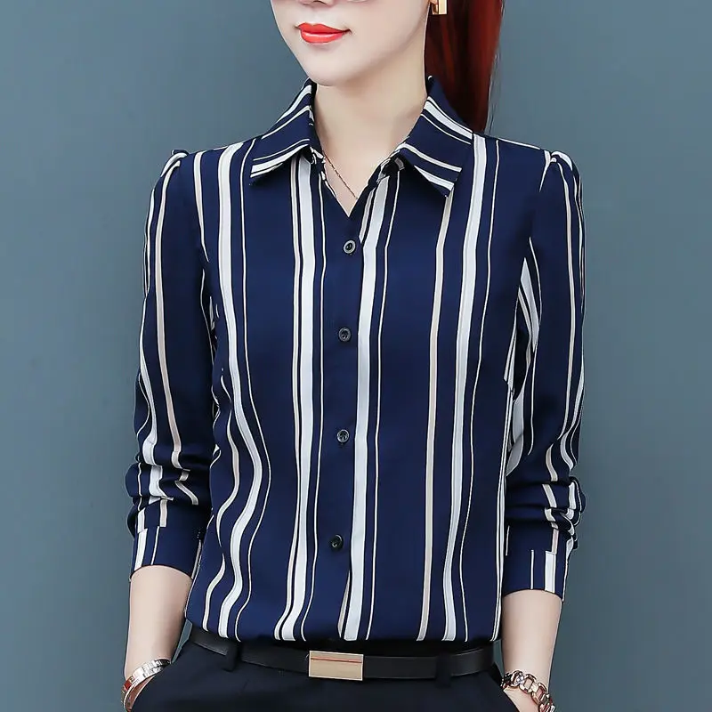 Formal Blouse Office Lady Spring Autumn Long Sleeve Women\'s Clothing Polo-Neck Fashion Striped Printed Single-breasted Shirt New