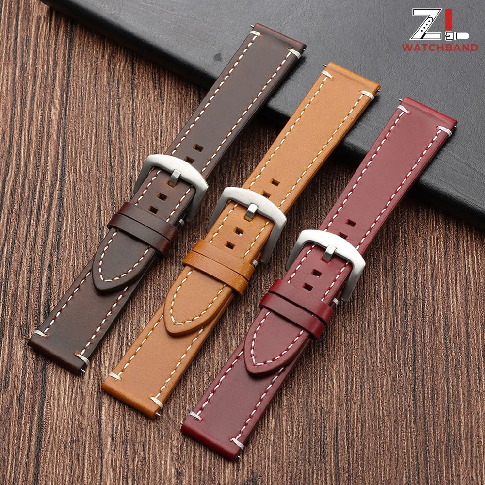 20mm 22mm Oil Wax Leather Watch Band for Seiko for Rolex Vintage Stitched Watch Straps Quick Release Replacement Watch Bracelets