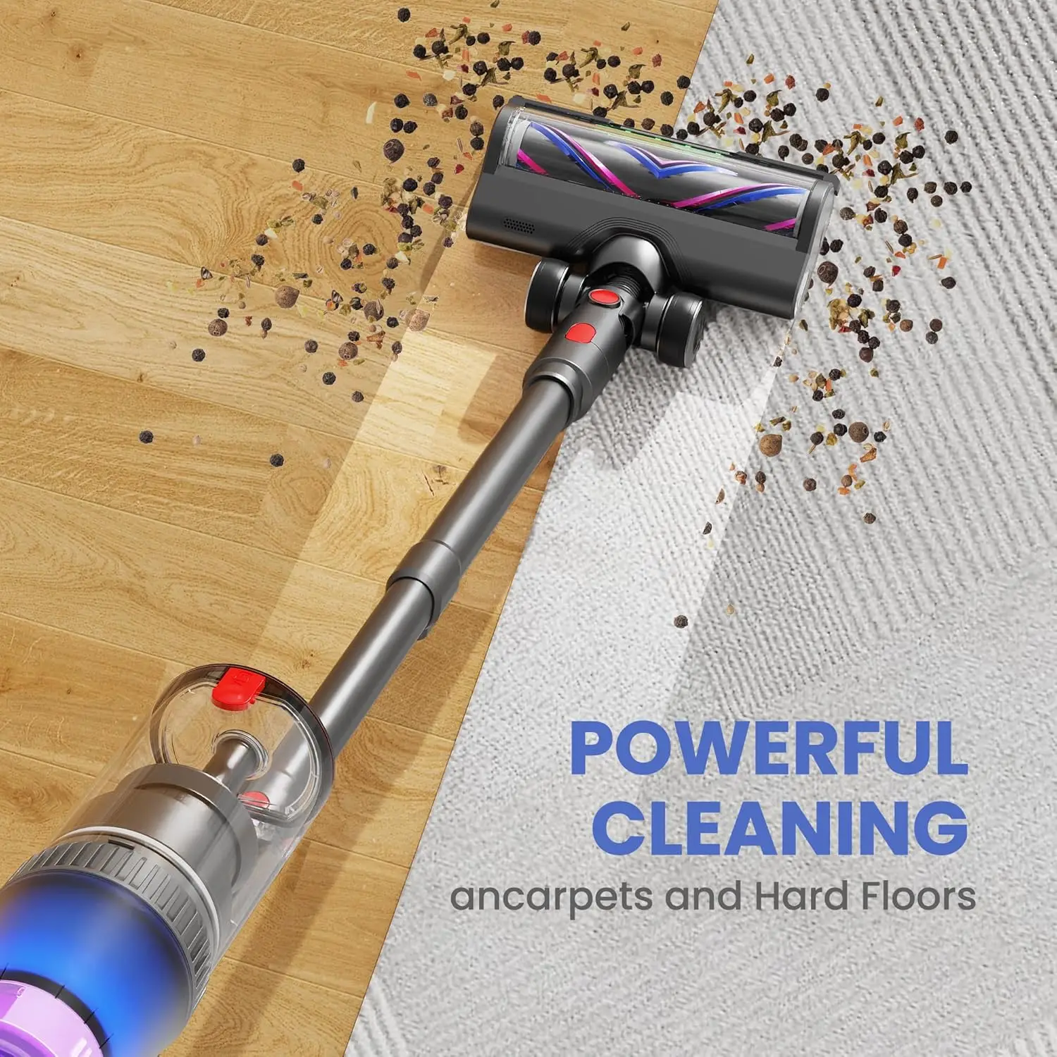 

Cordless Vacuum Cleaner 500W/45Kpa, 3 Ambient Colors Power Modes with 60 Mins Max Runtime Vacuum, Powerful Suction