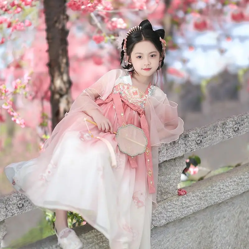 Vestido bordado de princesa de la dinastía Tang China Hanfu para niños, verano caliente, lindo