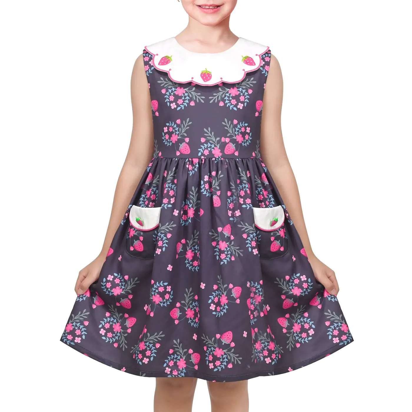 Girls Dress Floral Strawberry Embroidery Pocket Sleeveless Casual Party