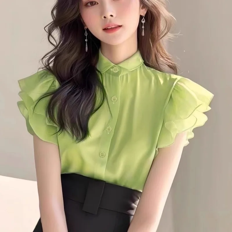 

2025 Новая элегантная корейская версия, рубашки, женский летний топ для шифоновой рубашки, повседневная рубашка с рюшами