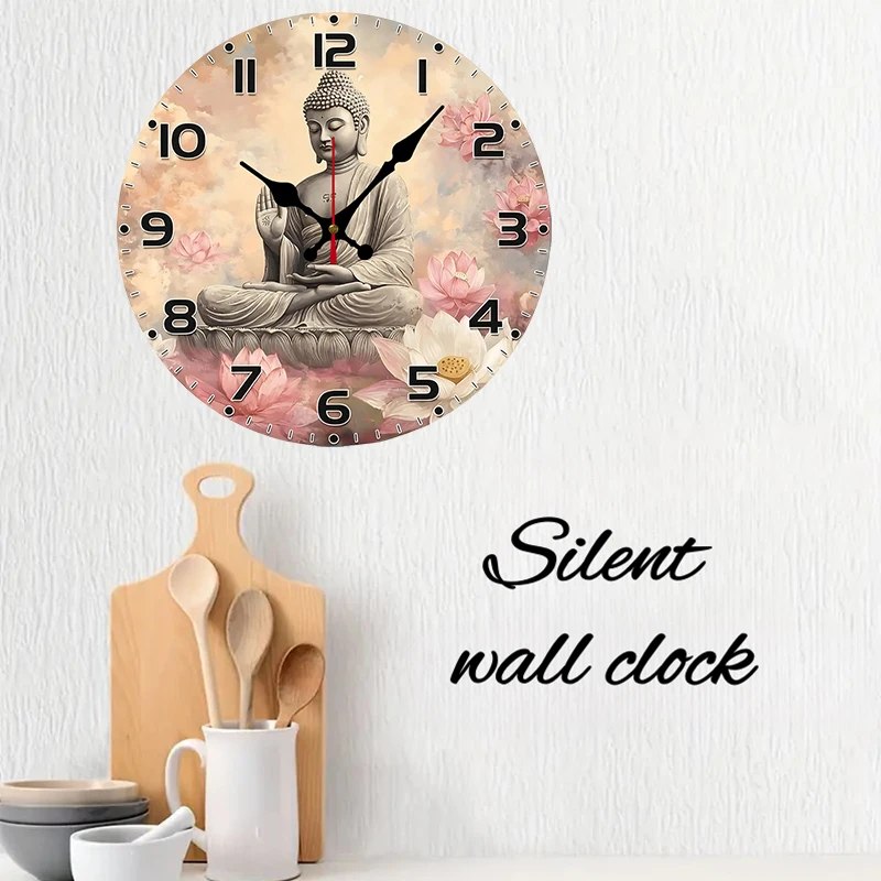 Serene Buddha Wooden Round Silent Hanging Wall Clock, Suitable For Living Room, Office, Study Room, Bedroom, Home Decoration view 3