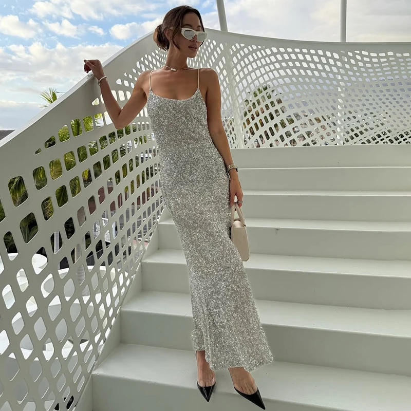 

Typhaland Elegant Sequins Spaghetti Strap Dress Sexy Plunge Sleeveless Maxi Dress Birthday Vacation Lady Spark High Waist Dress