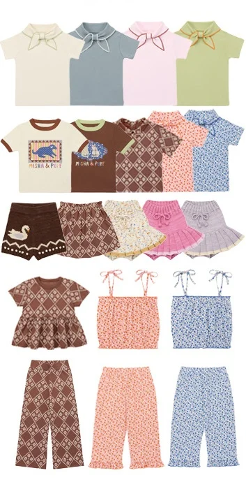 

2026SS MP Children's T-shirt Countryside Ins Style Girls' Tie and Lead Short Sleeve Top Girls' Pants Skirt Pants Set