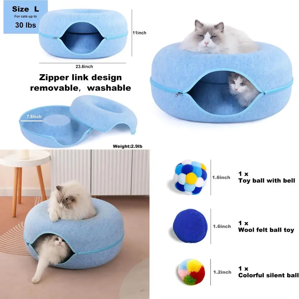 

Комнатная туннельная кровать для кошек с 3 игрушками, устойчивая к царапинам кровать-пончик для кошек до 30 фунтов, синяя, L 24x24x11