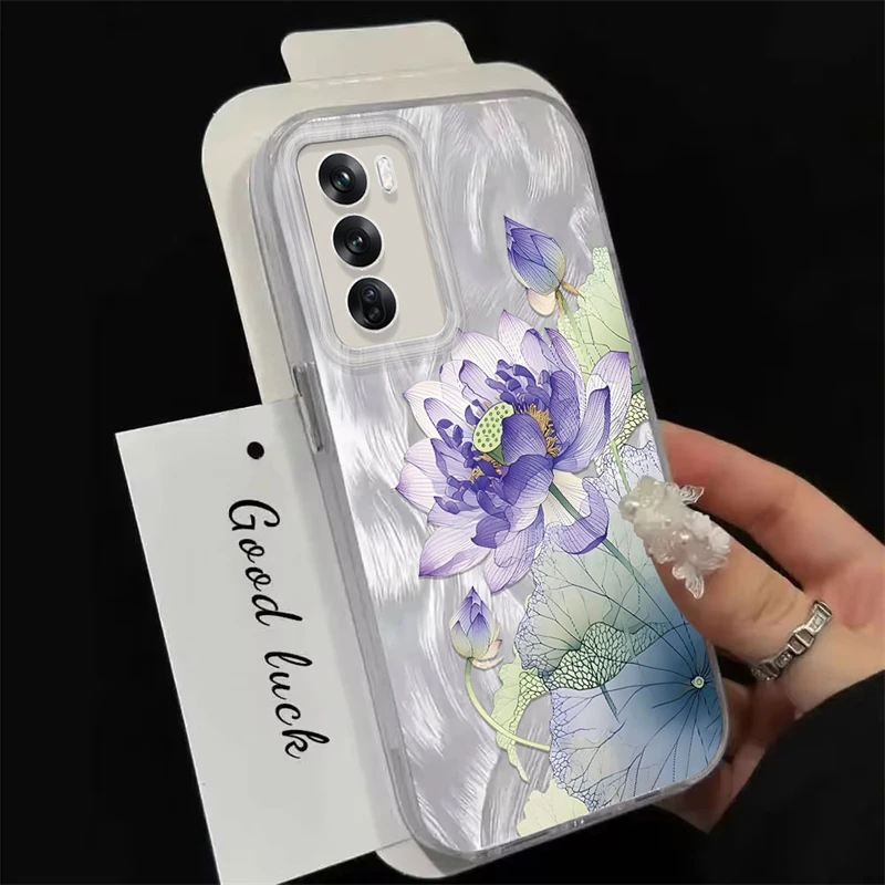 Gradient Purple Lotus Flowers Case For OPPO Reno 12 11 8 7 6 5 4 Lite IMD Laser Feather Yarn Shockproof Soft Phone Cover Funda