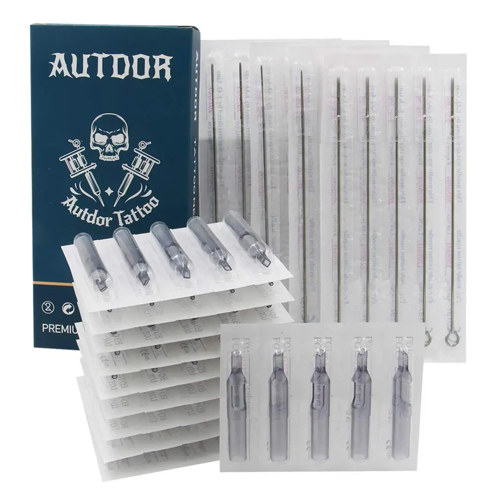 

50pcs Disposable Tattoo Needles and Tips Kit, Mixed Sizes 3RL to 9FT for Professional Tattooing