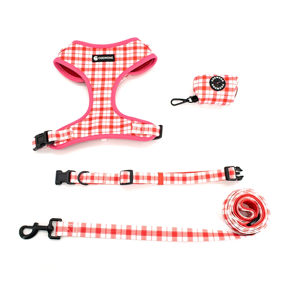 Collarlogo Adjustable Pet Dog Collar Durable Soft Creative Red White Plaid Design Leash Neoprene Harness Poop Bag Dispenser