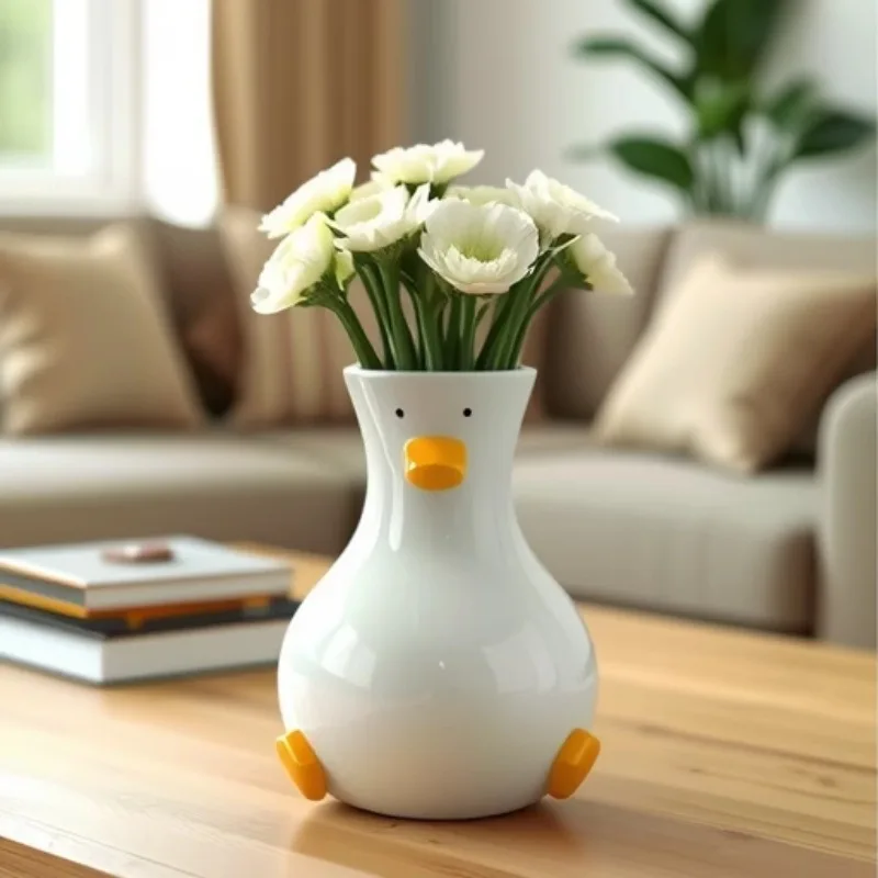 New Cute Cartoon Duck duckling Ceramic vase white home living room desktop creative cartoon decorative vase ornaments