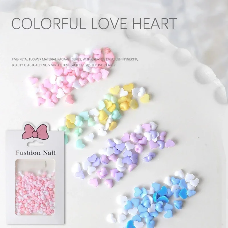 200pcs Small Heart Resin Nail Decor Macaron Candy Color DIY Accessories Flat 3D Cartoon Design Nail Art Decorations Nail Charms