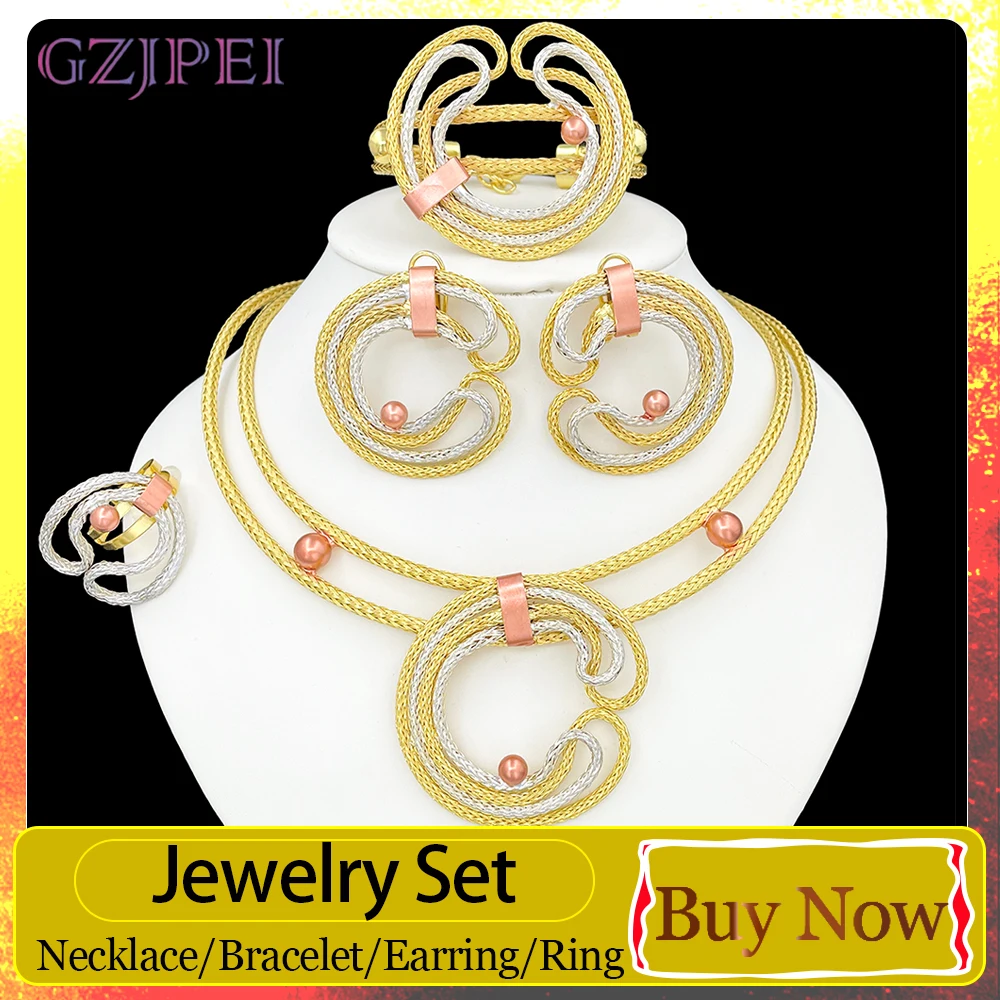 GZJPEI 4 Pcs Luxury Two Tone Woven Texture Metal Jewelry Set 18K Gold Plated Dubai Bridal Wedding Jewelry Party Gift 2026 New