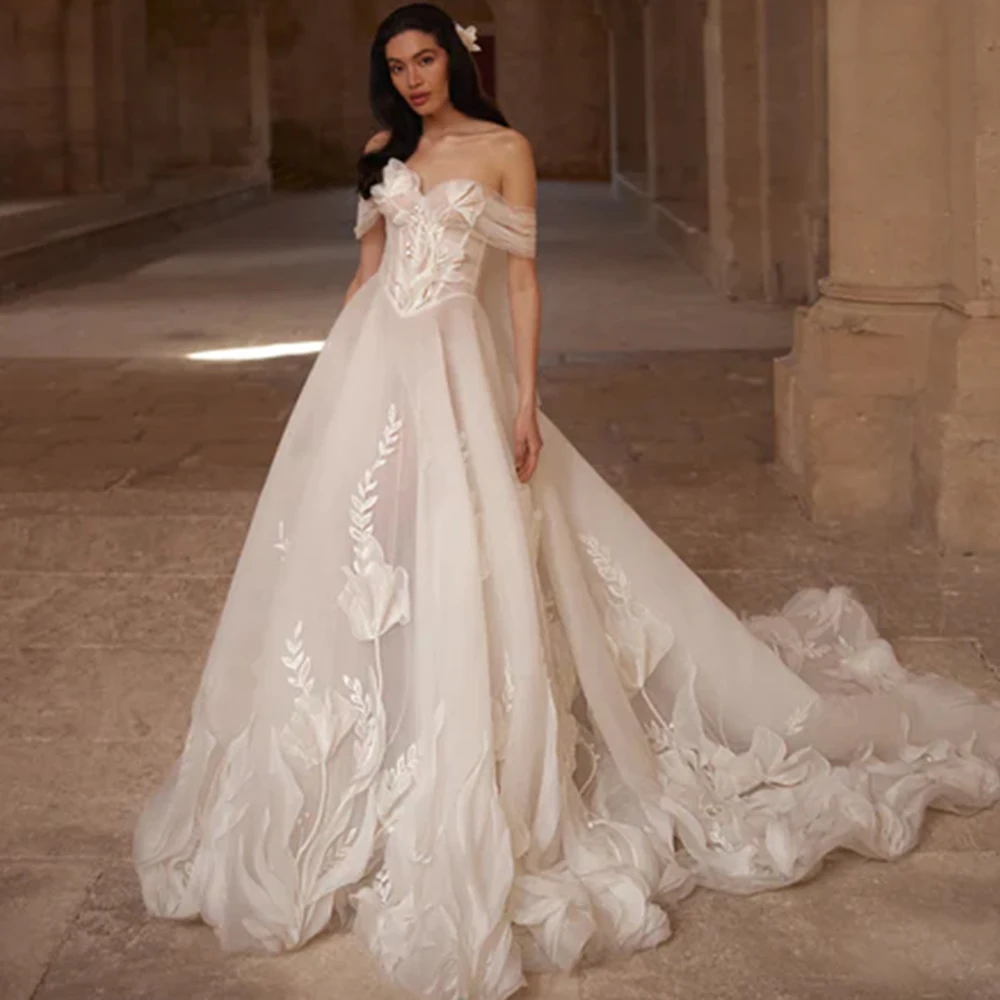 

Fashion Organza Wedding Dress with Off the Shoulder Customized Handmade Flowers Bridal Gowns Dreamy A-Line Vestido De Novia