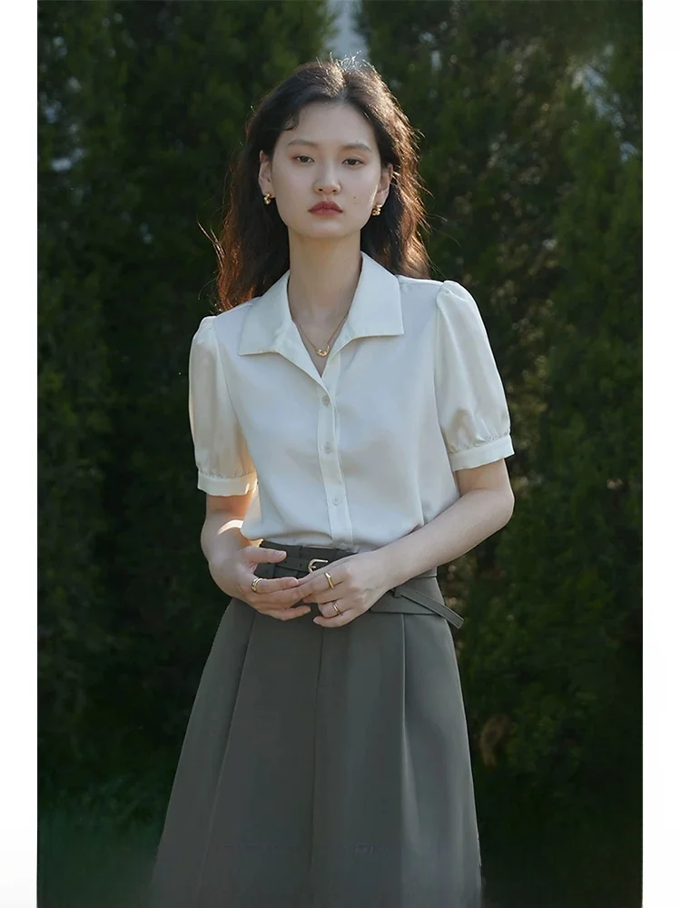 

Elegant Simple Style Bubble Sleeve Shirt Small Collar Commuter Fashion College Wind Women's Summer Clothing Polyester Fiber
