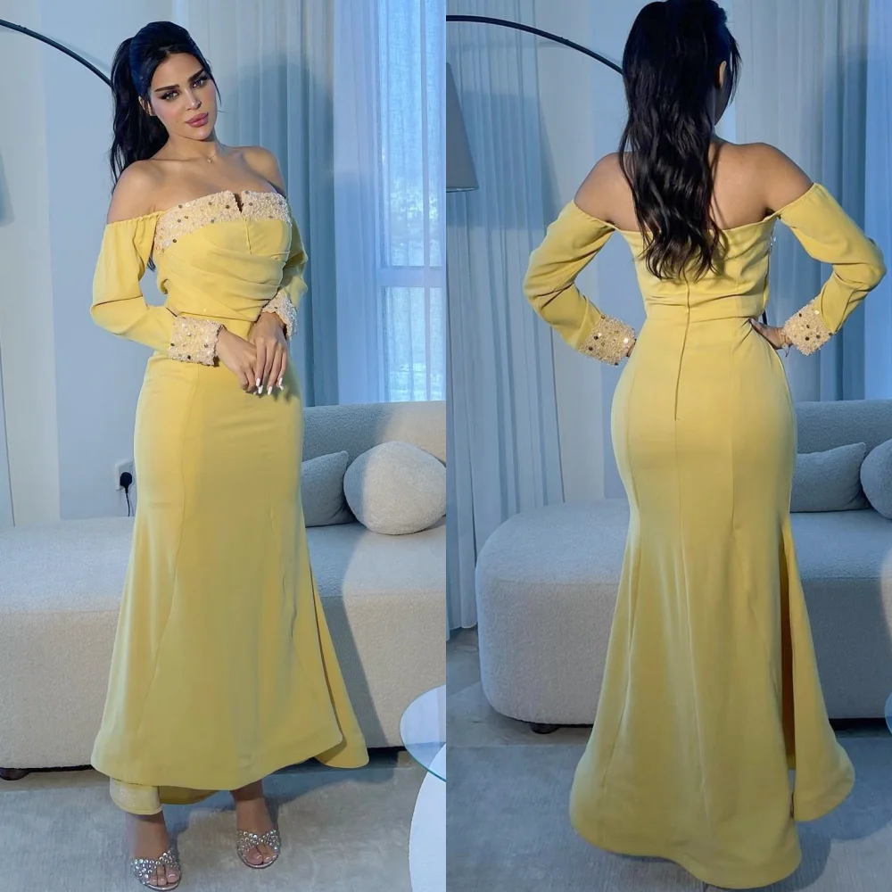 Customized  Evening Jersey Beading Party A-line Off-the-shoulder Bespoke Occasion Gown Midi Dresses Saudi Arabia  