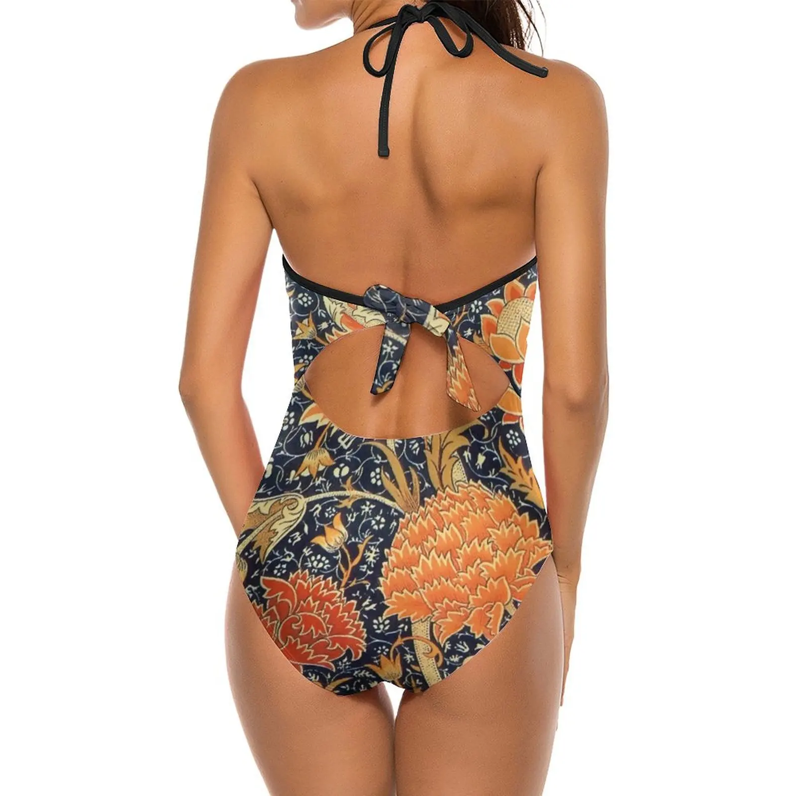 Bloemenart Print Badpak Sexy Vintage Artistieke Dameszwemkleding Eendelig Retro Badpakken Vakantie Push-Up Badpak Zonder Rug