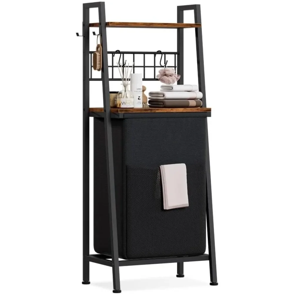 

2 Tiers Laundry Hamper with Wooden Shelf and Hooks, Vertical Laundry Basket with Pull-Out and Removable Bag, Clothes Hamper