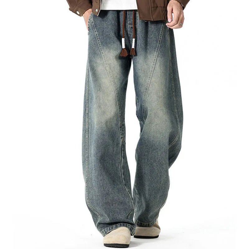 Autumn Men's Washed Spliced Jeans American Casual Fashion Retro Simple Versatile Loose Drawstring Wide Leg Denim Pants