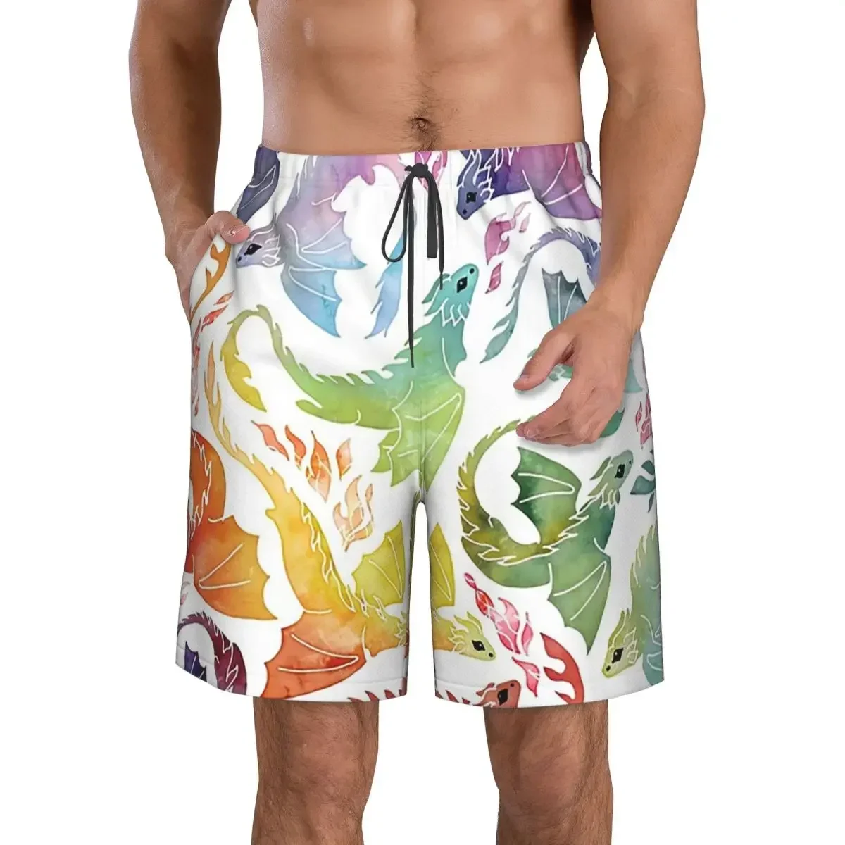 Dragon Fire Rainbow Trunks Beach Board Shorts Casual Quick Dry Swim Summer Men Pants
