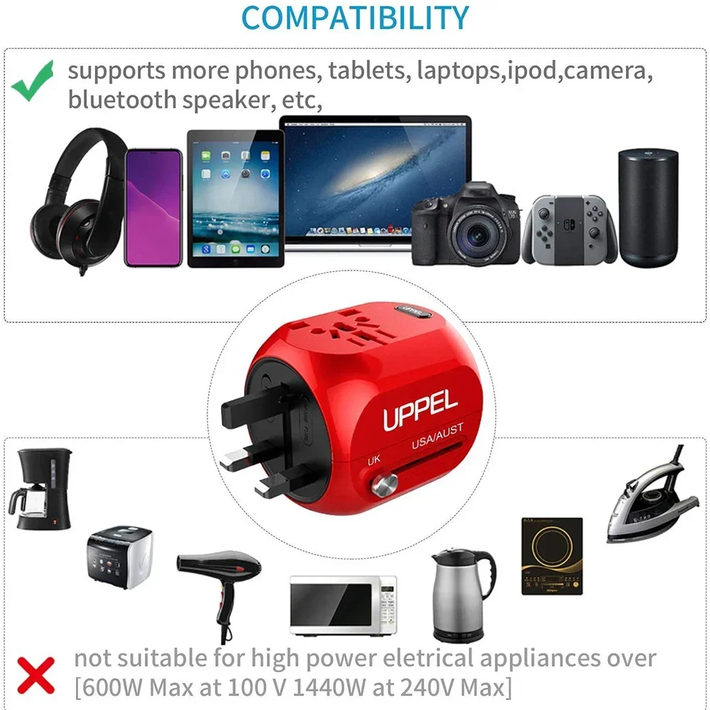 UPPEL Adaptor Travel Universal US/UK/AU/EU Konverter Beberapa Plug Cepat QC3.0 Tipe C Pengisi Daya USB 3 Port Adaptor Daya Eropa