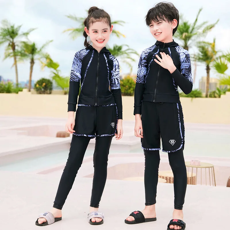 Boys Youth Three Piece Rash Guard Long Sleeve Zipper Hoodie Shirt and Pants Athletic Surfing Swimsuit Bathing Suits Kid Swimwear