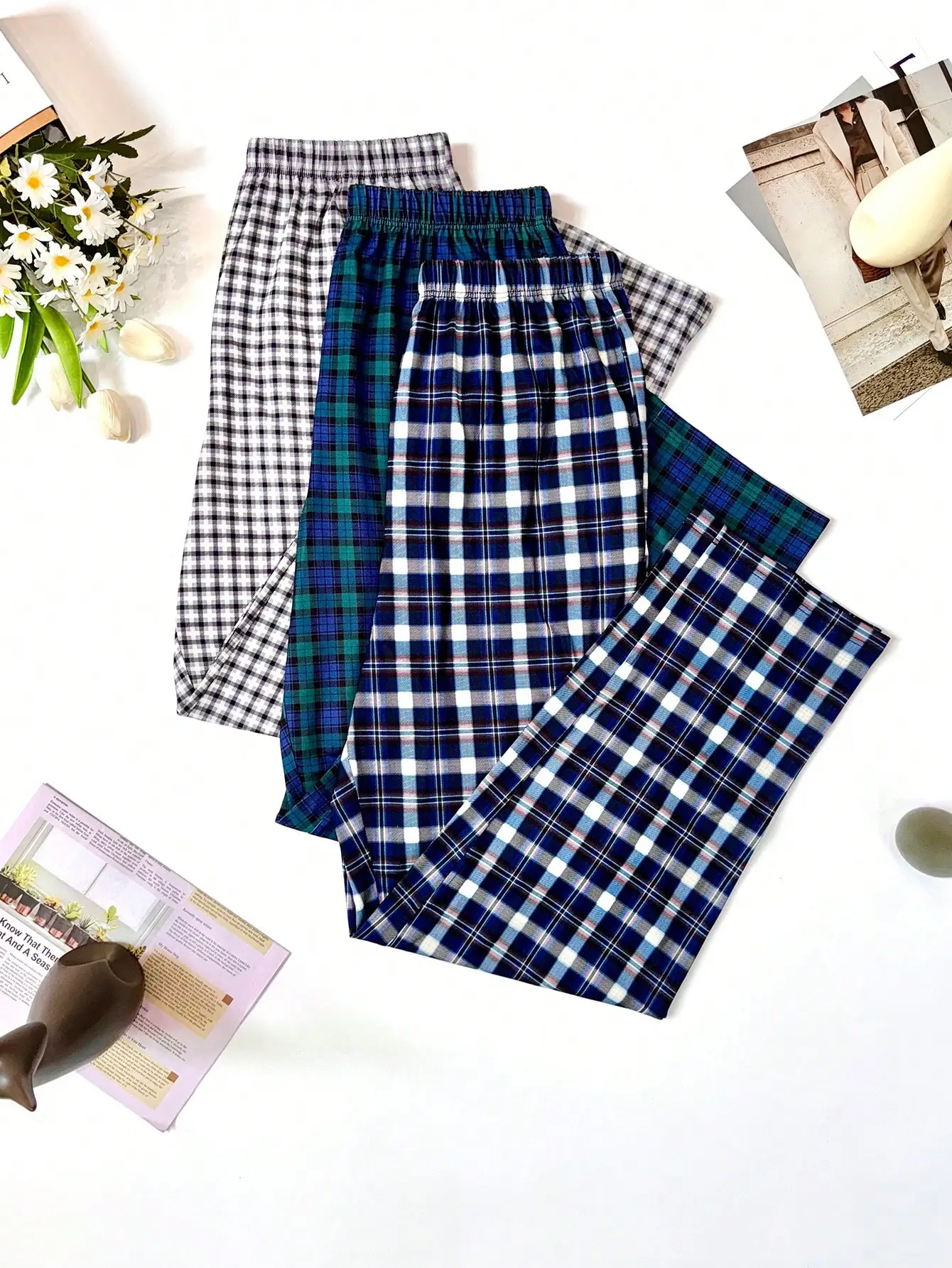 

3-Pack Men's Plaid Casual Straight Leg Pajama Pants, Elastic Waist, Loose Fit with Pockets