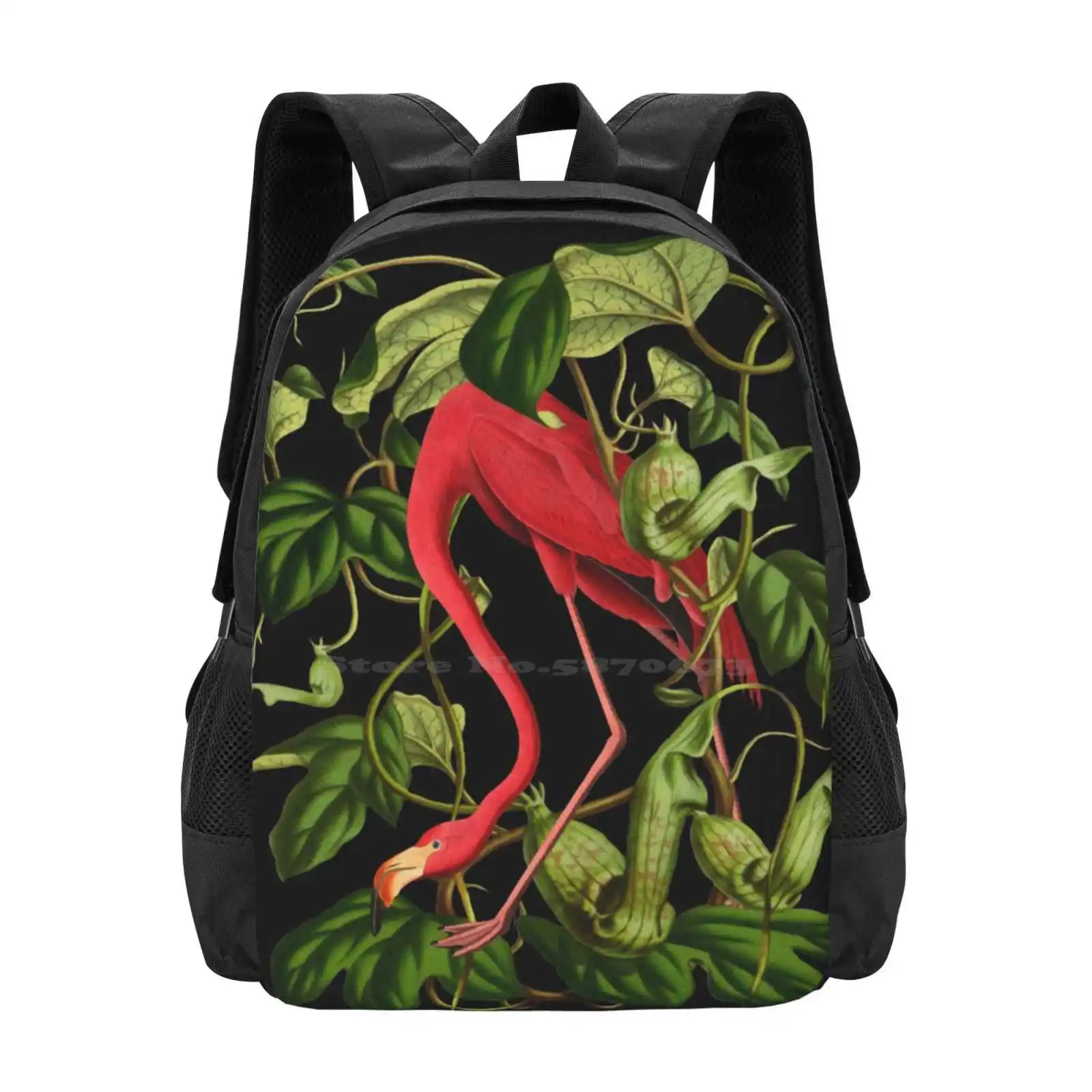 Flamingo New Arrivals Unisex Bags Student Bag Backpack Flamingo Pink Jungle Plants Tropical Exotic Animal Nature Green Black