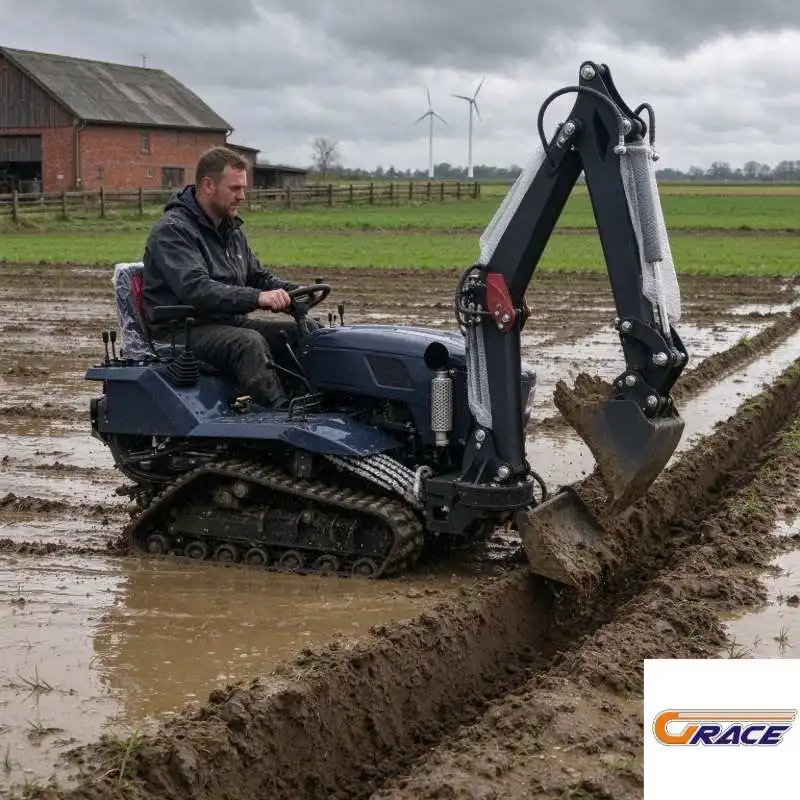 Small Crawler Farm Tractor, Multi Attachments: Excavator Arm, Wood Grapple, Breaker Hammer, Earth Auger Optional