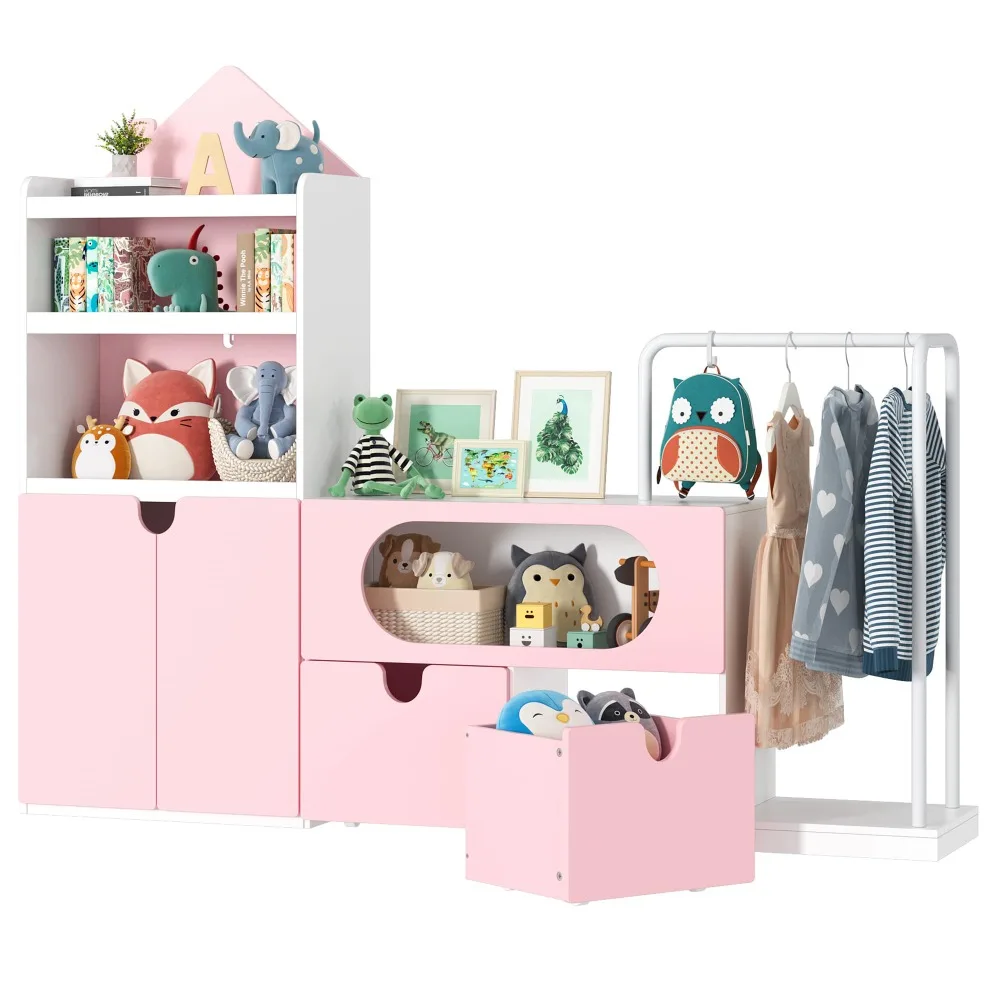 

Large Toy Storage Organizer with Clothes Rack, Modular Type Kids Bookshelf & Bookcase with Two Movable Toy Box