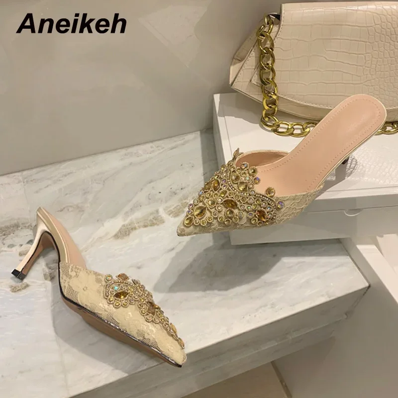 Aneikeh 2026 NEW Spring/Autumn Fashion Women Pointed Toe Pumps PU Thin Heels Retro Appliques Mules Polka Dot Party Slip-On Black