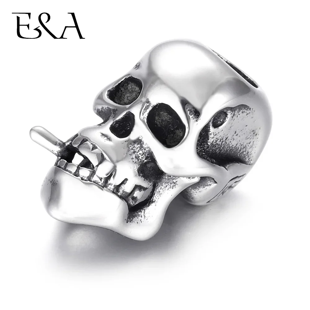 Stainless Steel Beads Skull Metal Large Hole 6mm Charm Slider DIY Men Bracelet Making Supplies Handmade Jewelry Findings