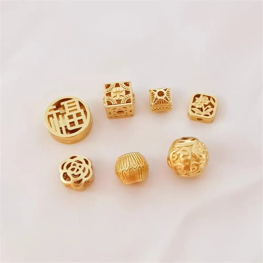 Ancient-style Gold Matte Gold Fortune Round Balls Hollowed-out Camellia Flower Square Beads Handcrafted DIY Jewelry Accessories