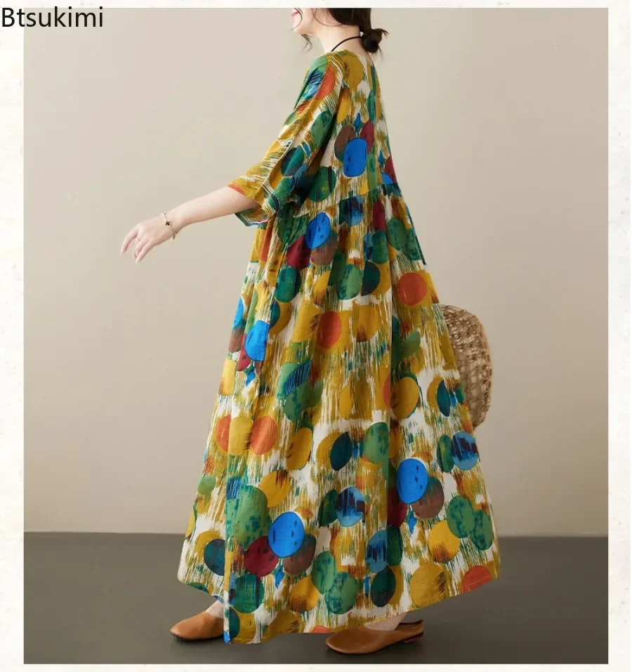 Sommer Boho Stil Kurzarm Vintage Polka Dot Lange Kleider für Frauen Casual Lose Maxi Kleid Elegante Frauen Kleidung Oversize