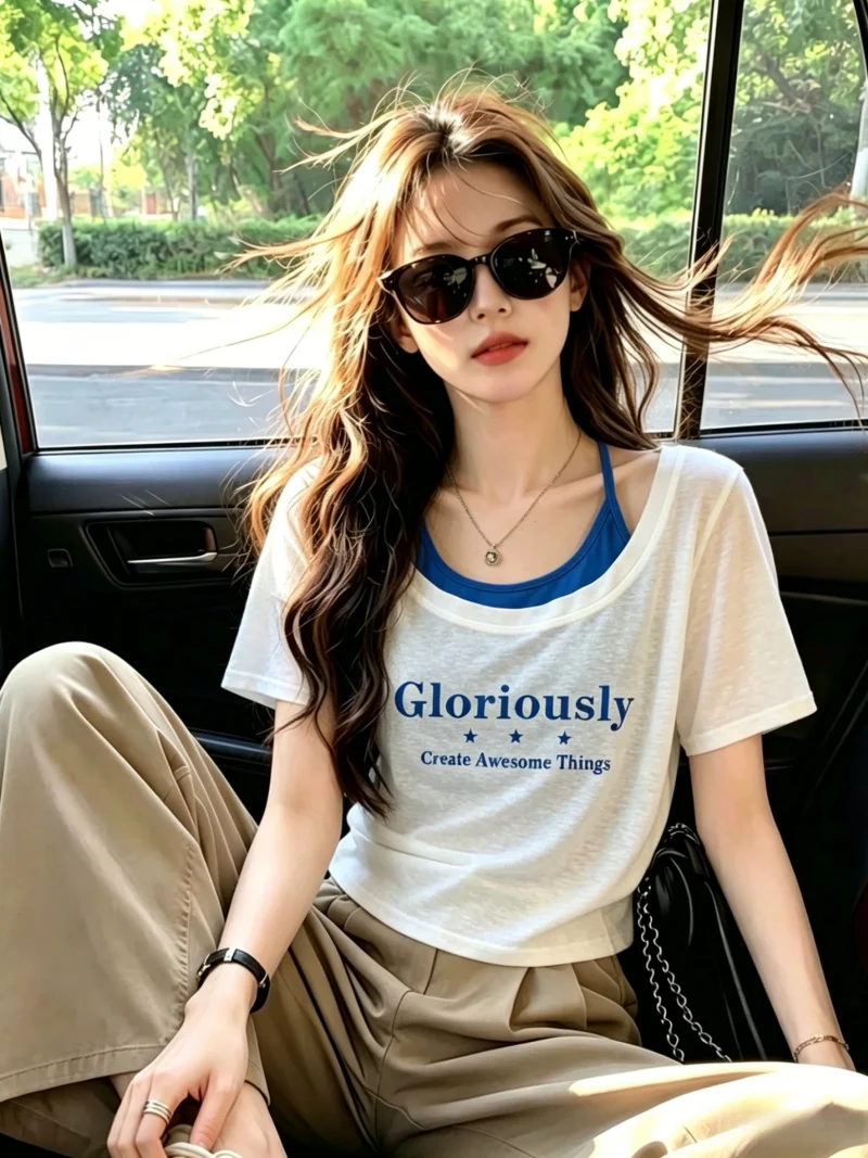 

Thin Short Sleeve Letter Print T-Shirt Women's Summer New Style with Chest Pad Hanging Neck Vest Two-Piece Set Korean Style S...