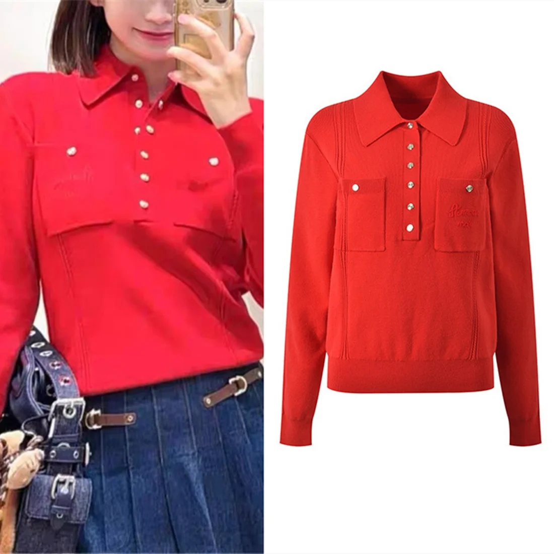 

Элитная версия: Красная вязаная рубашка укороченного фасона с длинным рукавом и отложным воротником – повседневный модный женский топ для осени и зимы