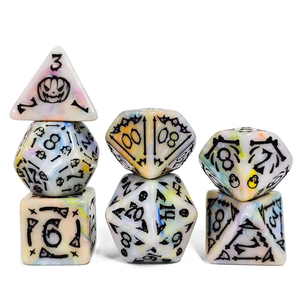 Spooky Halloween acrylic Dice Set with Black Pumpkin & Skull Prints, 7PCS Polyhedral Dice for D&D