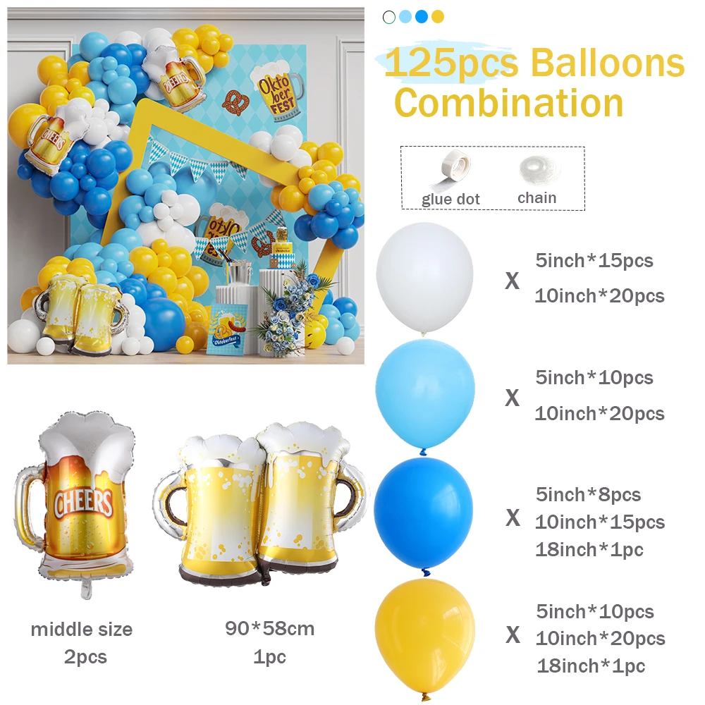 125pcs Oktoberfest Balloon Arch Garland Blue Yellow Balloons Beer Cup Balloon for Beer Birthday Party Baby Shower Wedding Decor