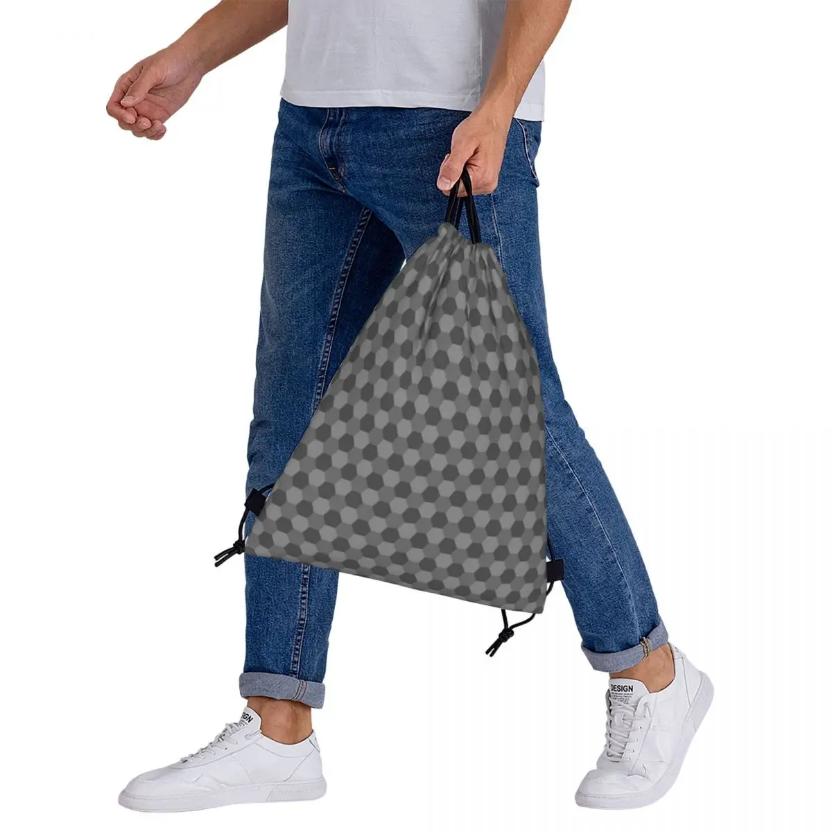 Hexagon Gray Pattern Backpacks Portable Drawstring Bags Drawstring Bundle Pocket Sports Bag Book Bags For Travel Students