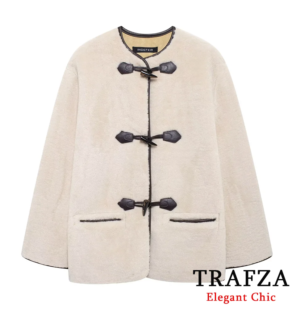 TRAFZA Women Casual Fleece Loose Jacket Coat String Button O-Neck Pocket Jacket 2024 Fall Winter Fashion Shaggy Date Dinner Coat