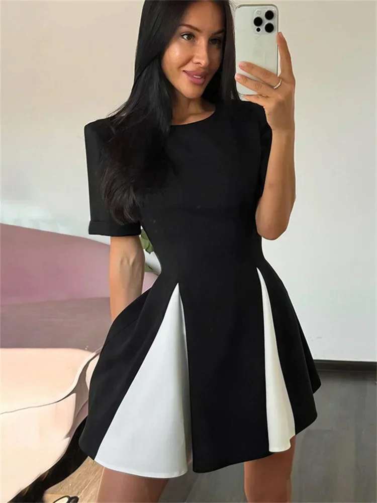 

Fashion Contrast Slim MIni Dress For Women Short Sleeve High Waist Commute Streetwear Summer Dress Female Elegant Dress