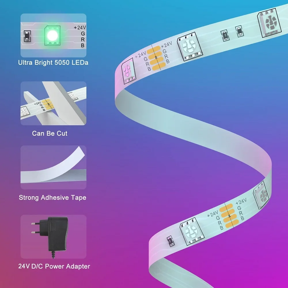 LED Strip Lights for Room Decor Bluetooth WIFI 24keys 44keys RGB LED Tape 5050 24v LED Lights Color LED Christmas Neon Lighting