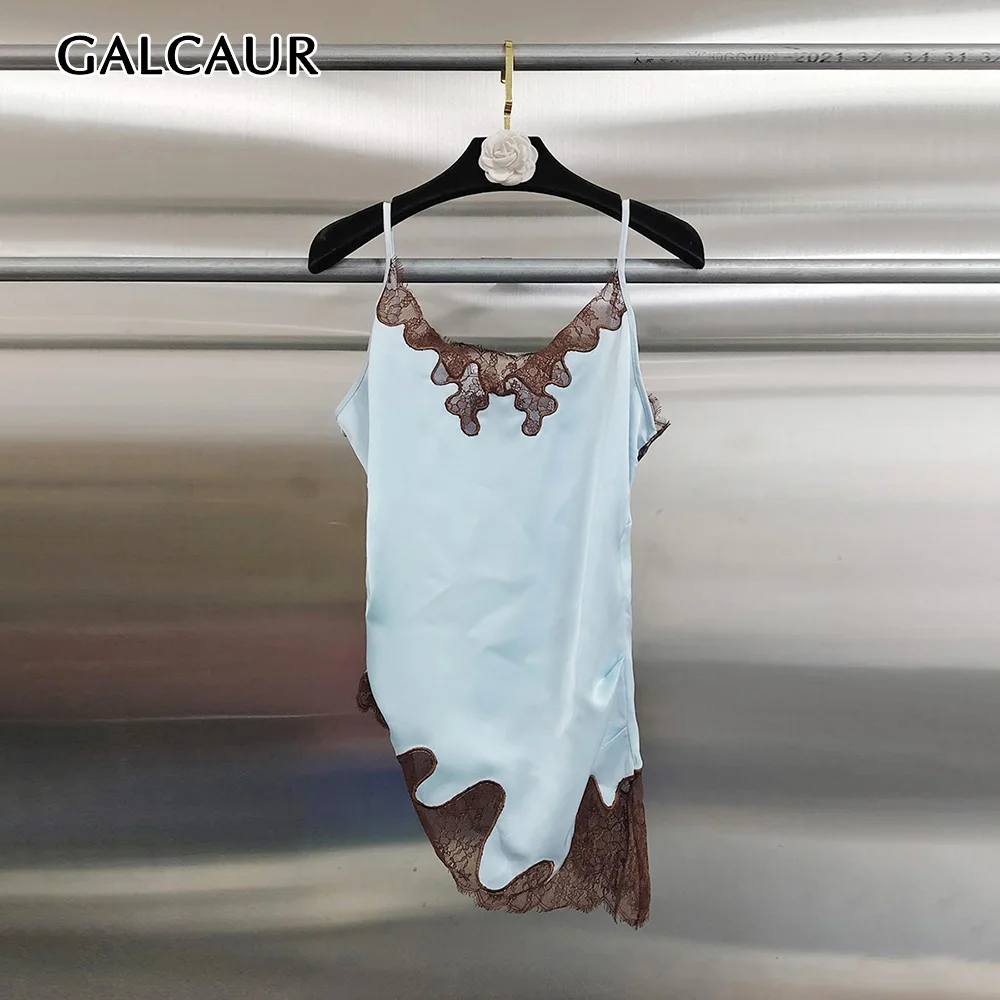 GALCAUR Colorblock Spliced Lace Slimming Cami Top for Women V Neck Sleeveless Patchwork Button Casual Vest Female Fashion Style