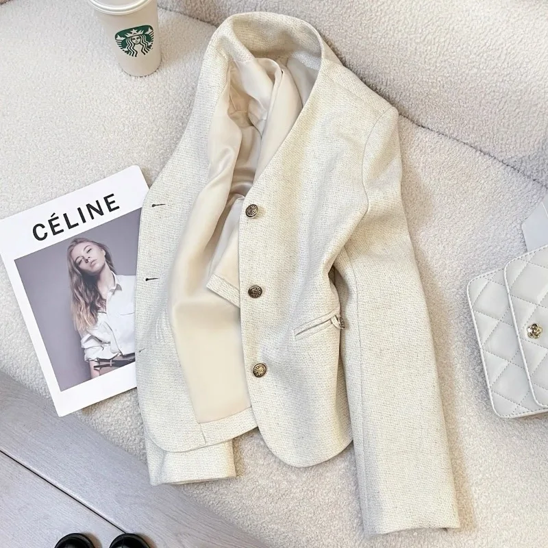Spring Autumn V-neck Coat Women White Cropped Top Single-breasted Blazer Long Sleeves Jacket Mujer Office Lady Outerwear Trendy