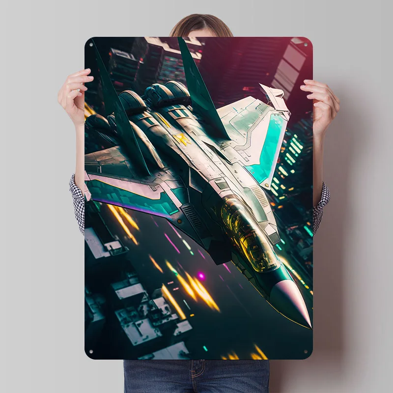 Futuristic Fighter Plane Printed Poster Customized Retro Wall Art Vintage Metal Tin Signs for Home Bedroom Decorations House