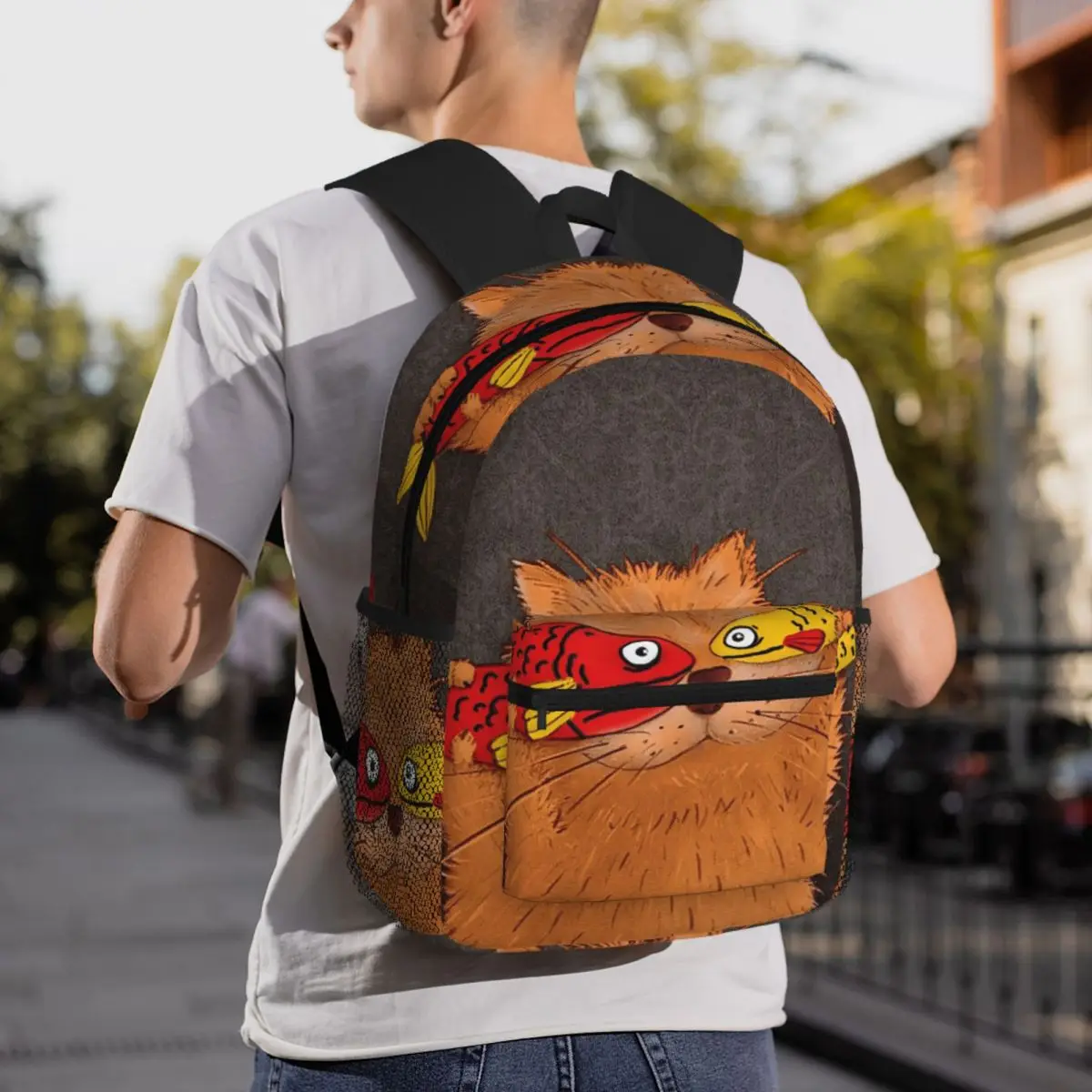 WhimsyCat Cartoon Cat With Fish Design 12 Backpack Student BookBag Children School Bag Laptop Shoulder Bags for Men Women