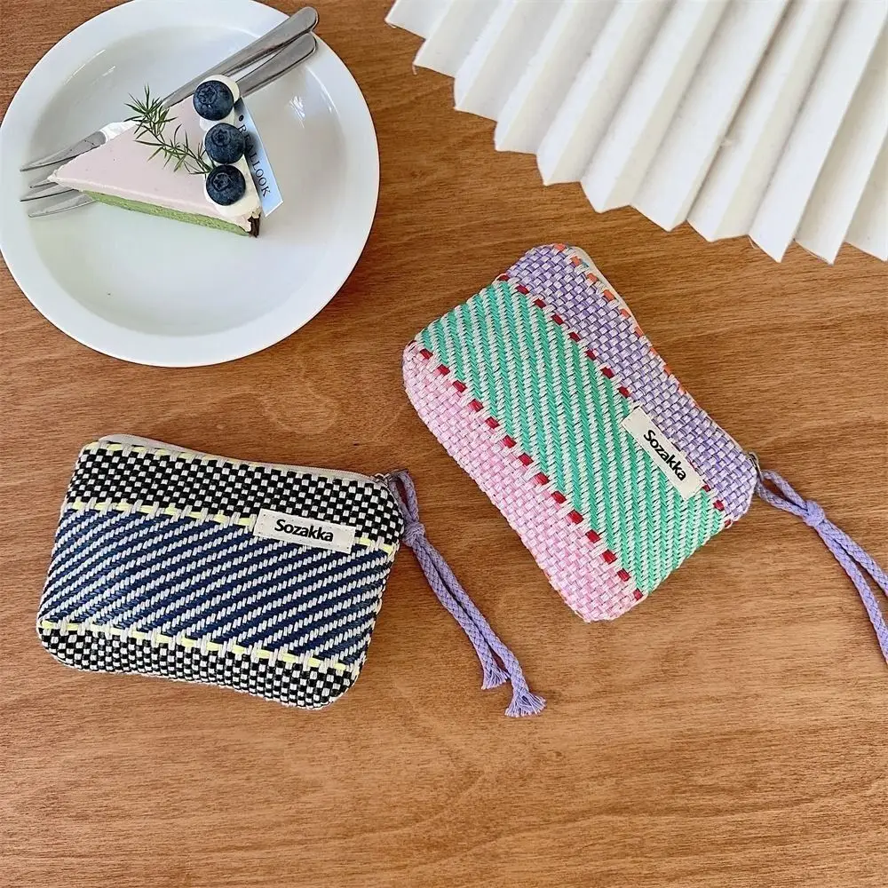 Nylon Cosmetic Bag Portable with Zipper Lattice Makeup Bag Striped Coin Purse