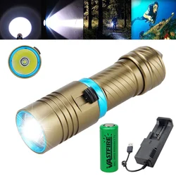 Linterna LED de buceo impermeable, luz amarilla de 80M para acampar, con atenuación continua, 10000LM