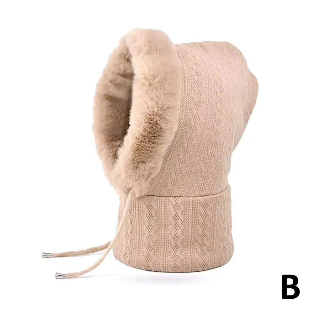 Drawstring Hooded Fleece Beanie Scarf Women's Cashmere Knit Hat with Thicken Scarf and Mask for Winter Warmth Windproof G2Q1